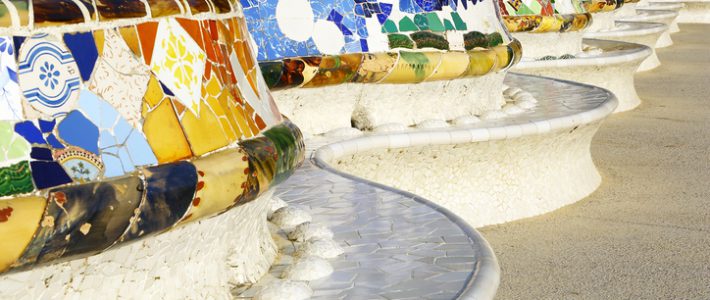 Multi colored benches in Park Guell by famous architect Antoni Gaud?. Barcelona, Spain.